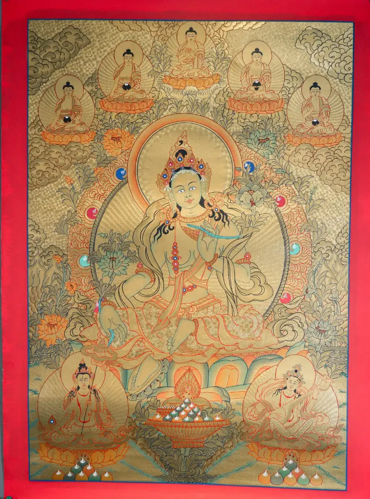 Green Tara Thangka – Five Dhyani Assembly