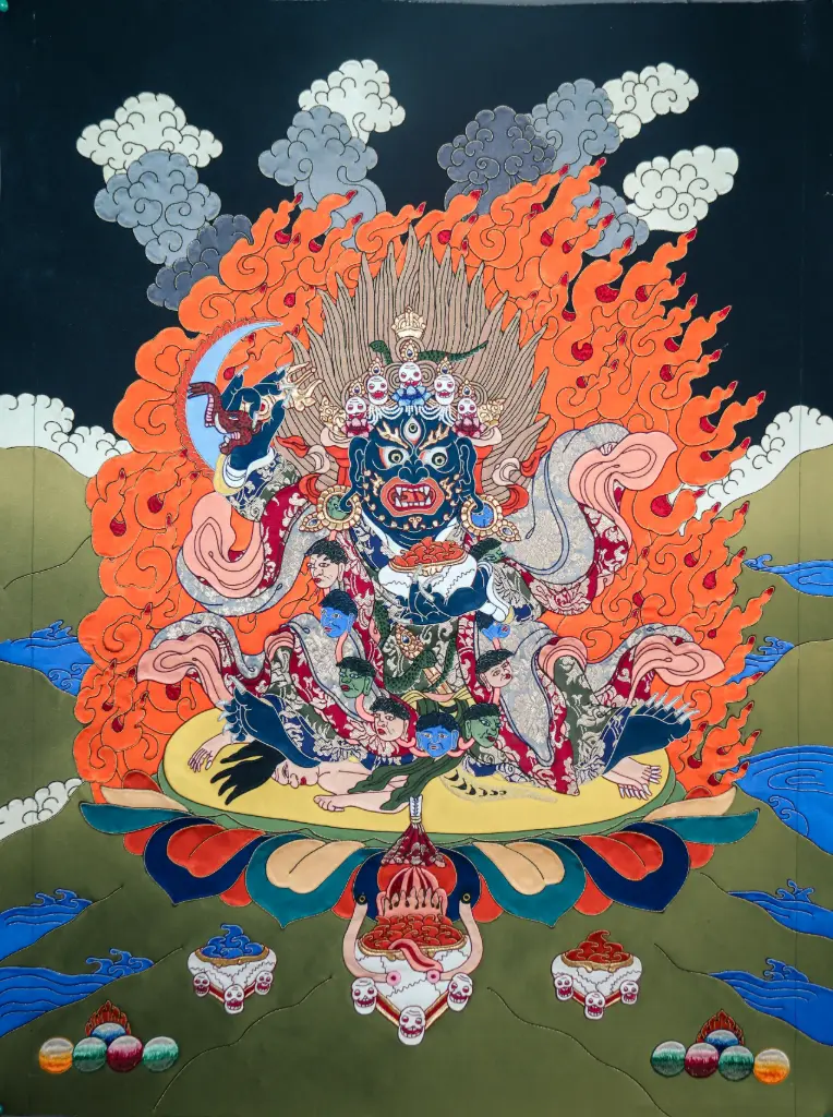 Bernakchen Mahakala Appliqué Thangka – Hand-Stitched Silk Art