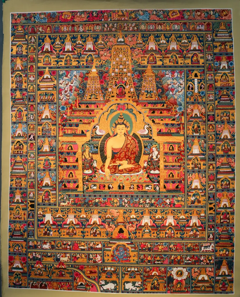 Shakyamuni Buddha Thangka – The Golden City of Stupas