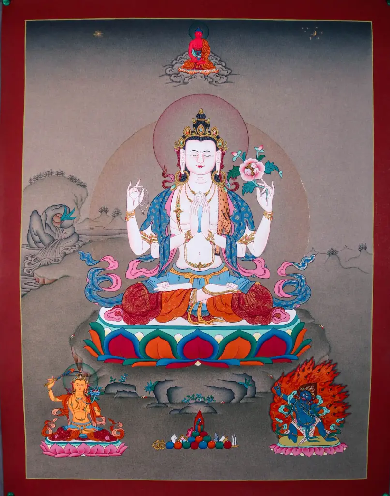 Four-Armed Chenrezig Thangka – Lords of the Three Families 