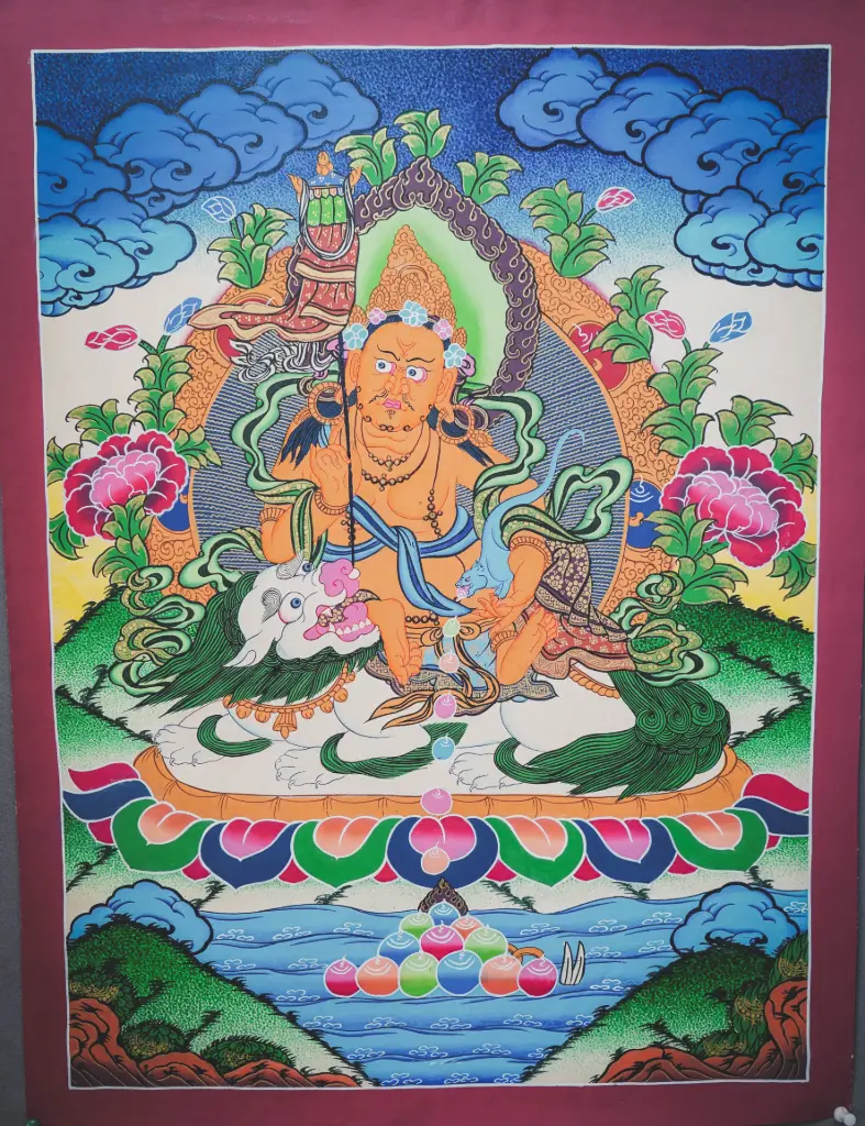 Vaisravana Thangka – Wealth Deity on Snow Lion