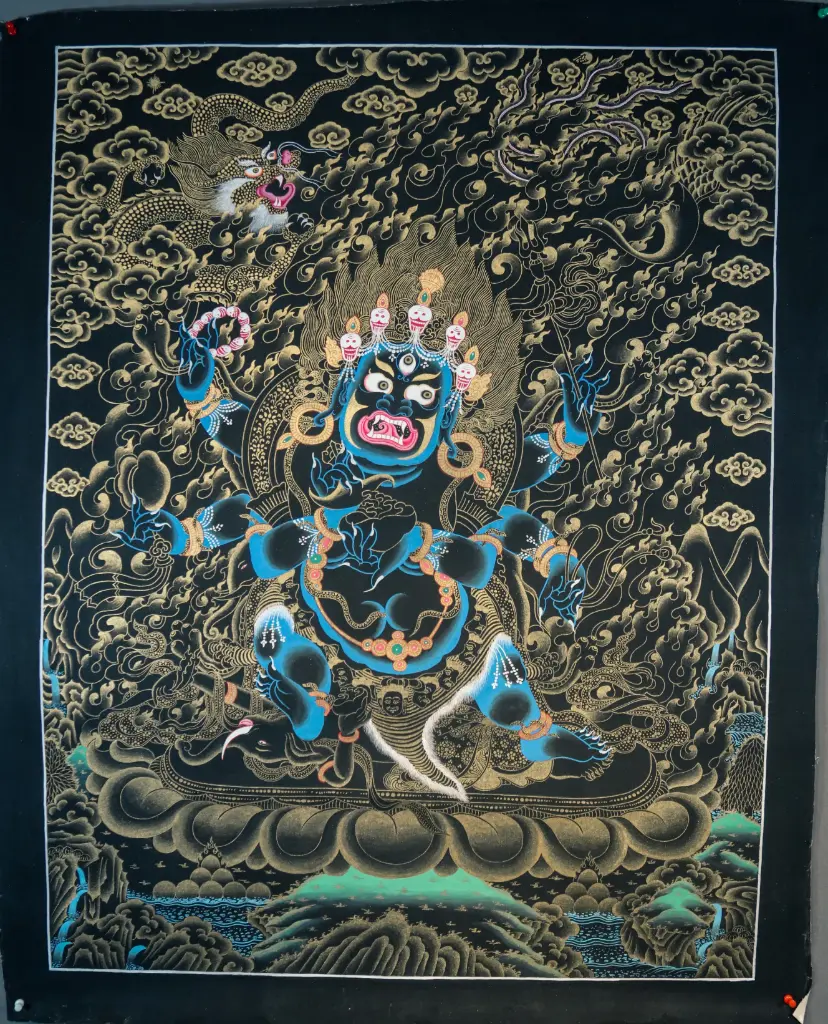 Six-Arm Mahakala Thangka – Black Gold Nagthang Style