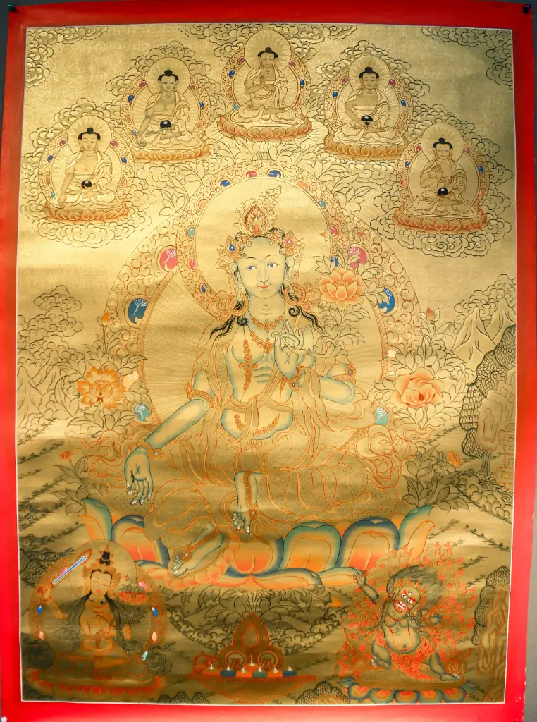 Green Tara Serthang Thangka – Five Dhyani Assembly – Golden Radiance of Swift Action