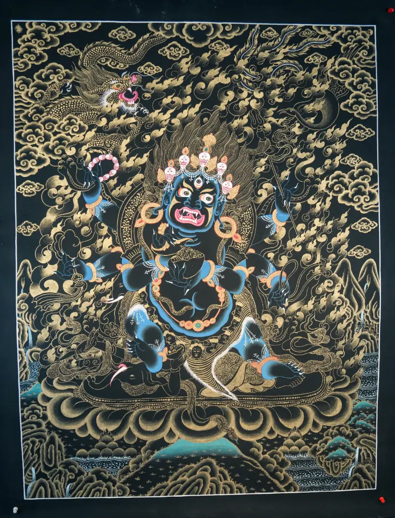 Six-Arm Mahakala Thangka – Black Gold Nagthang Style