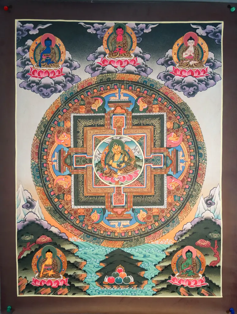 Yellow Jambhala Thangka – Palace Mandala with Five Buddhas