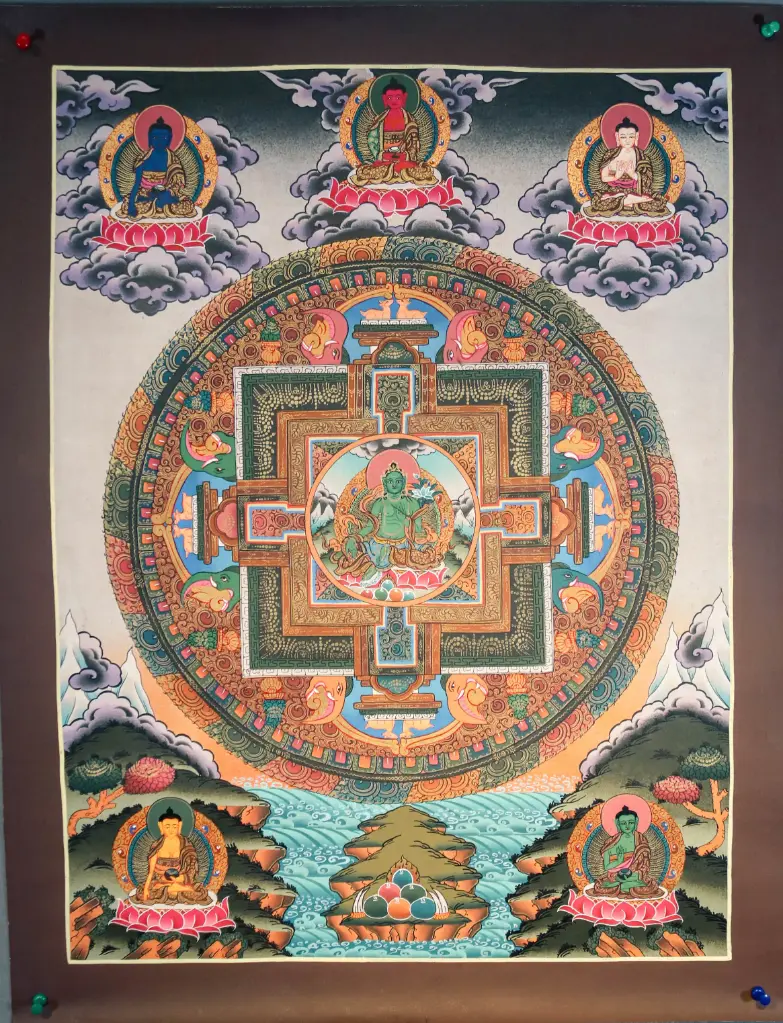 Green Tara Thangka – Palace Mandala with Five Dhyani Buddhas 