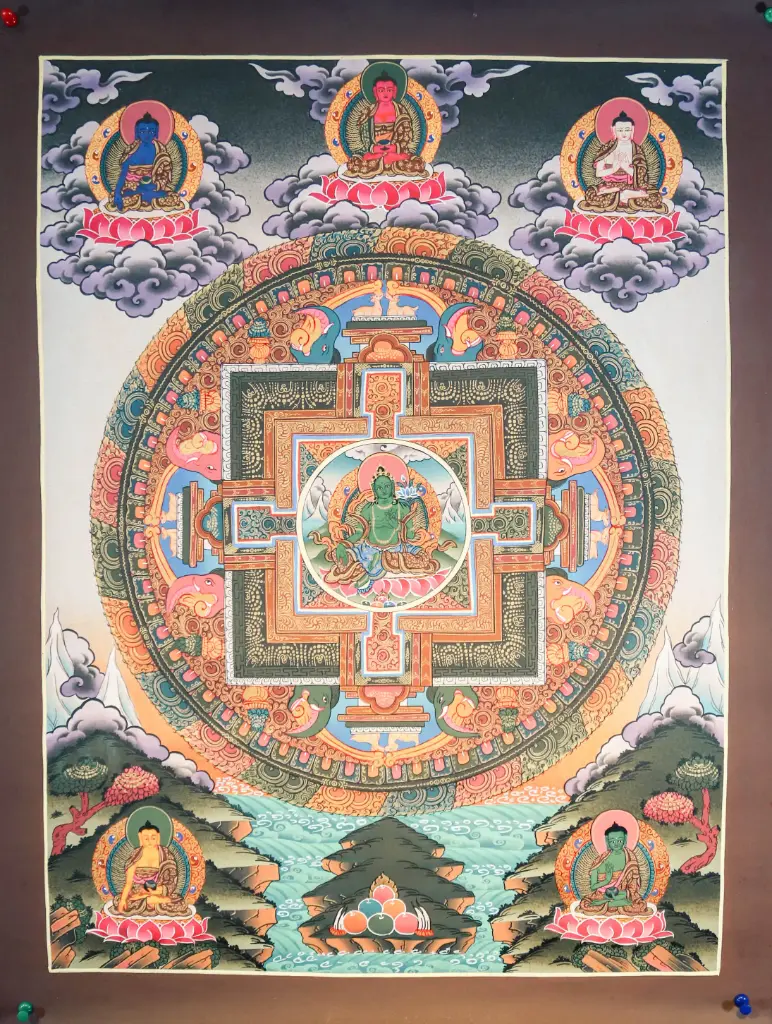 Green Tara Thangka – Palace Mandala with Five Dhyani Buddhas