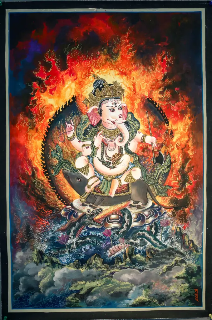 White Ganesha Thangka – Newari Paubha Style