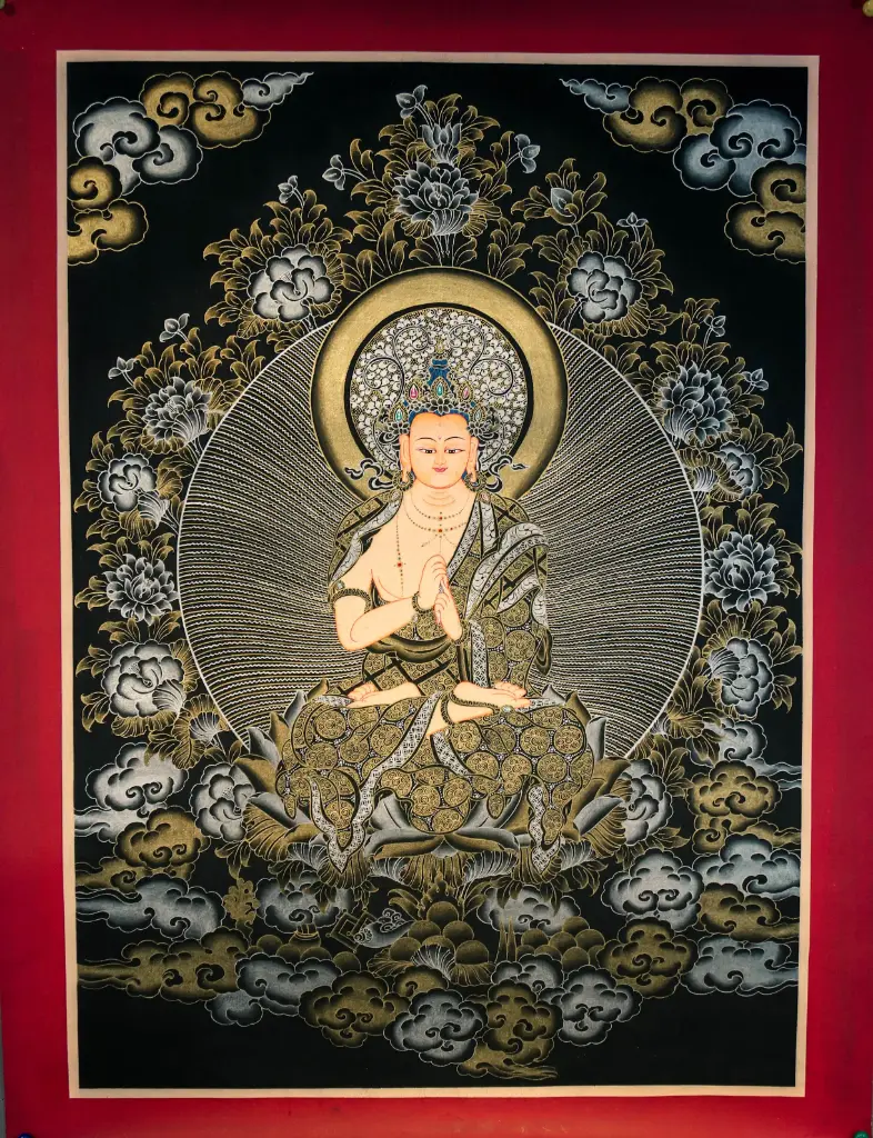 Vairocana Buddha Thangka – Nagthang Gold Style – Illuminating Universal Wisdom