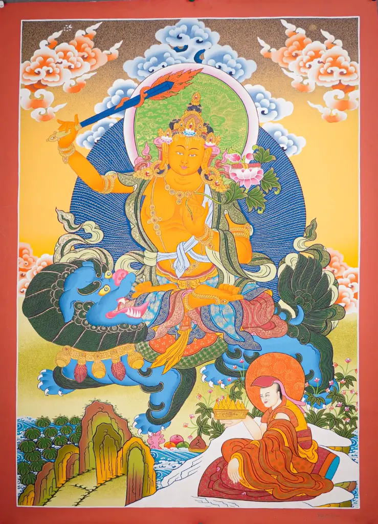 Manjushri Thangka – Blue Lion Mount