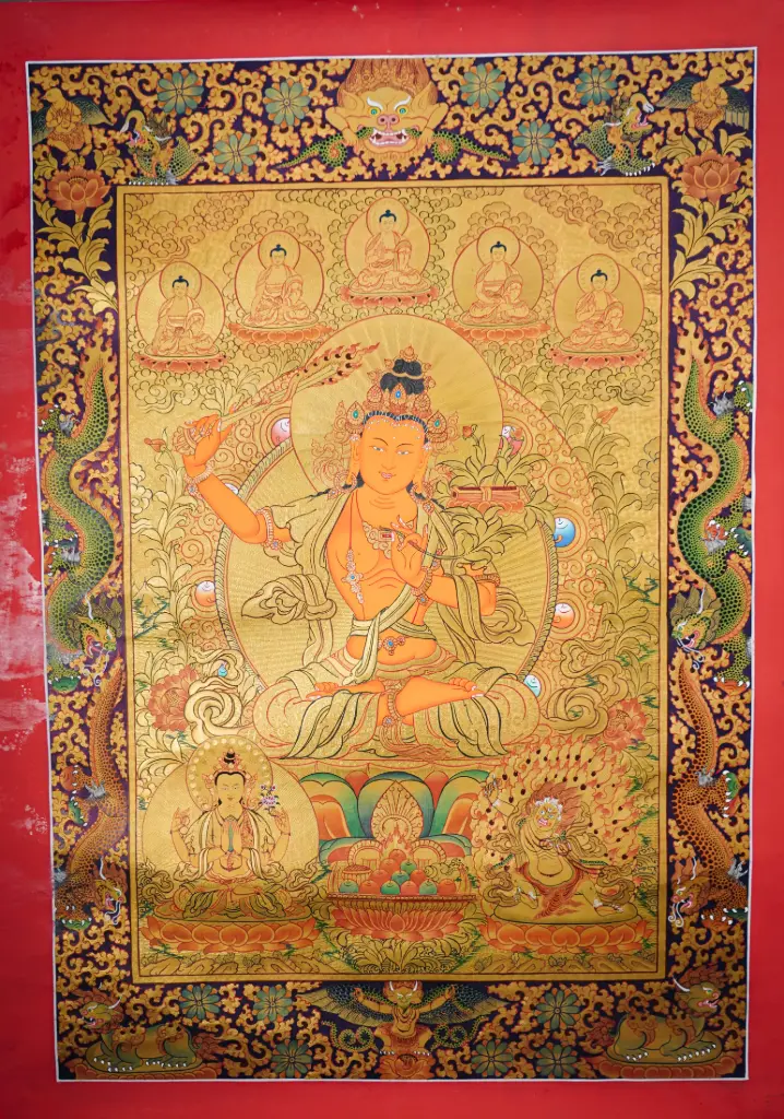 Golden Manjushri Thangka – Five Dhyani Buddhas with Chenrezig and Vajrapani
