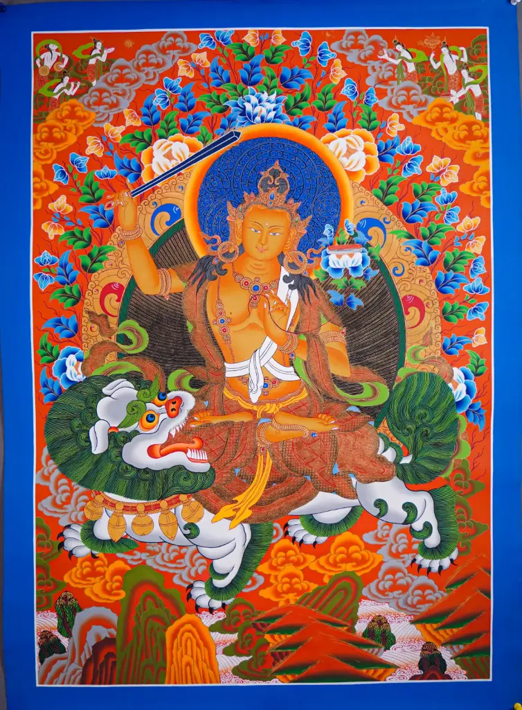 Manjushri Riding the White Lion Thangka (Flames of Wisdom)