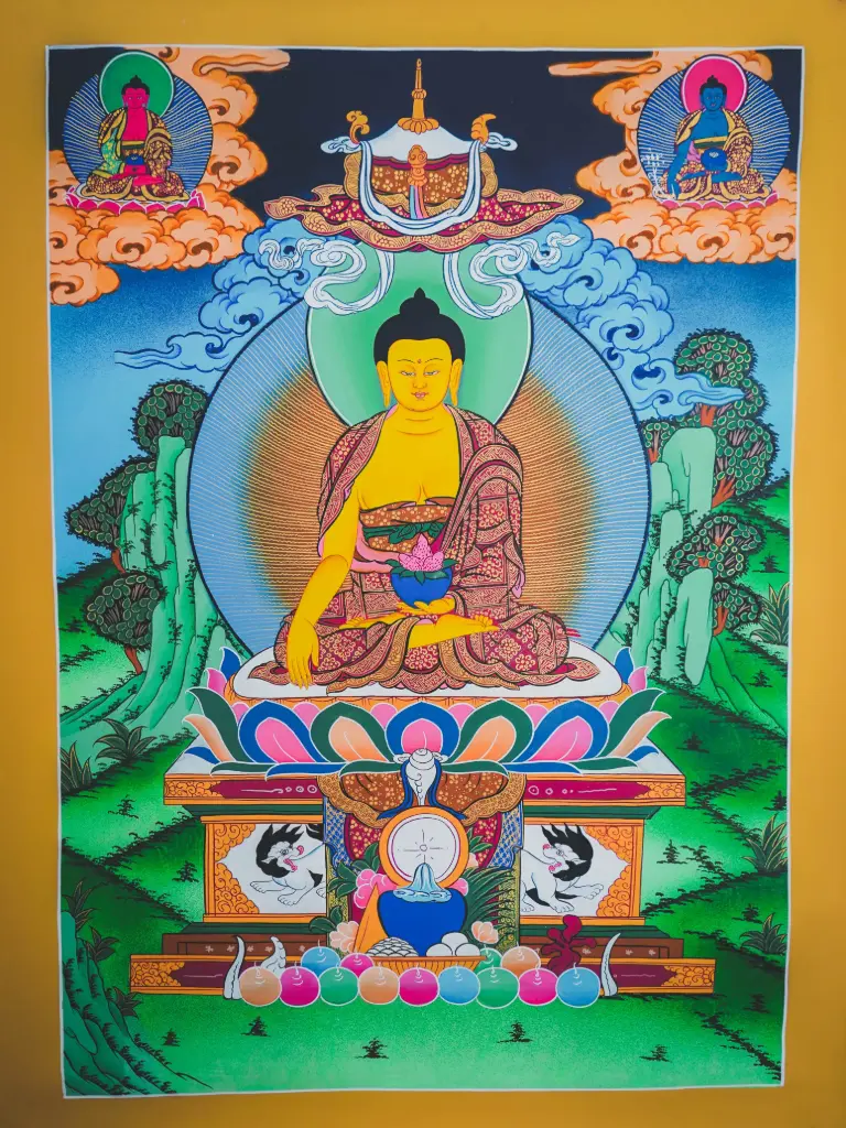 Shakyamuni Buddha Thangka – Triple Buddha Assembly
