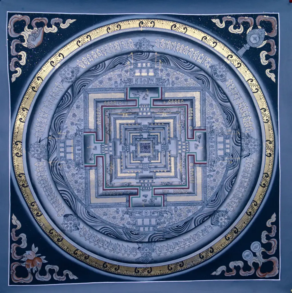 Grey Kalachakra Mandala Thangka — Sacred Palace of Time on Black Ground