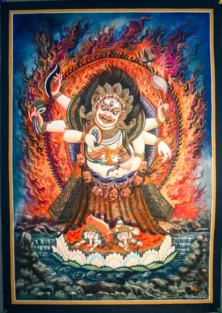 Newari White Mahakala Thangka – Six-Armed Wealth Deity
