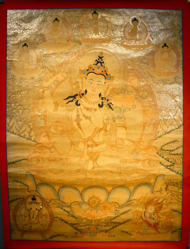 Golden Manjushri Thangka – Consecrated Wisdom Masterpiece