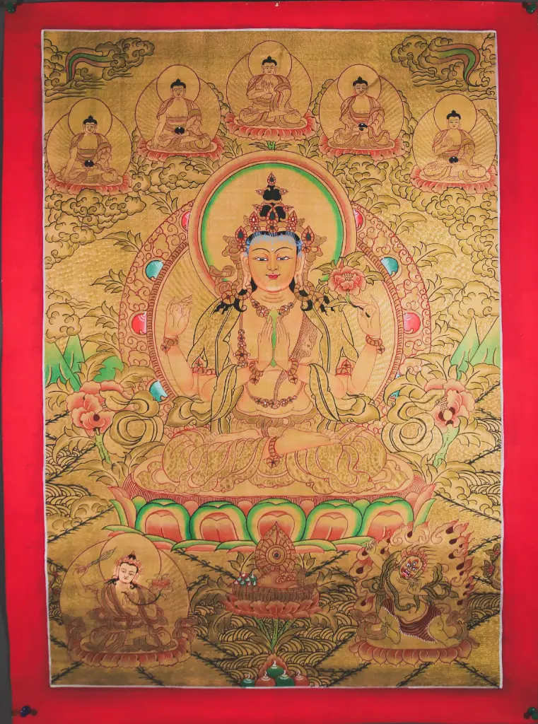 Chenrezig Thangka – 24K Gold Serthang – The Heart of Awakened Compassion