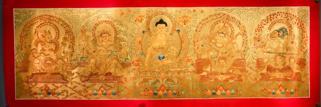 Golden Shakyamuni Buddha & Four Great Kings Thangka